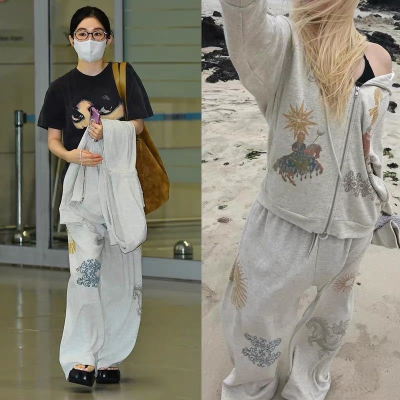 Streetwear Brand Collaborations - ジェニーとのコラボストリートウェアブランド、サンフラワープリントのフード付きジッパースウェットシャツとパンツのセット、ルーズフィット、長袖、韓国スタイル