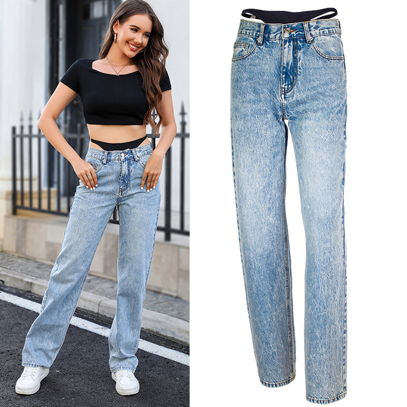 Streetwear Outfit Brand - 偽ツーピースステッチストレートジーンズ女性デニムパンツハイウエスト高級ブランドデザインズボンストリート衣装スタイリッシュな XS
